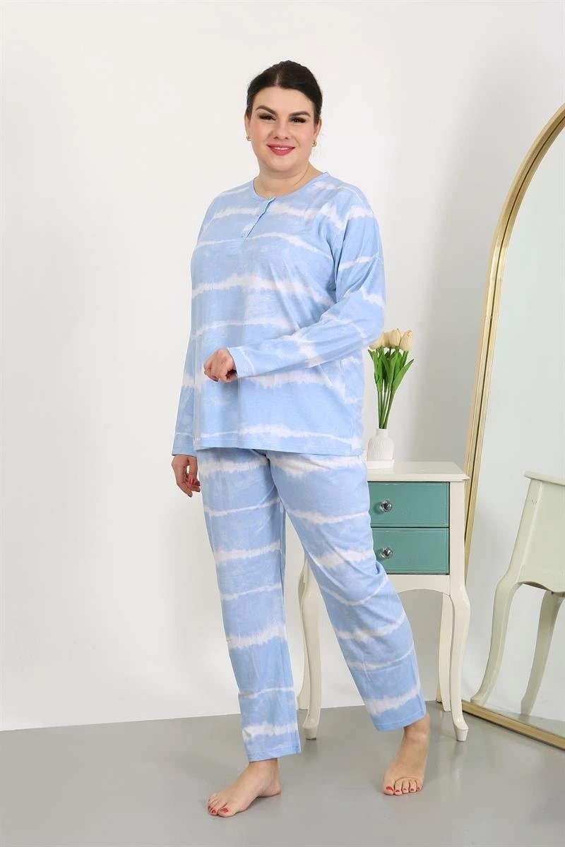 mery Kadın Büyük Beden Uzun Kol Penye Pijama Takımı Mavi Mery görsel 3