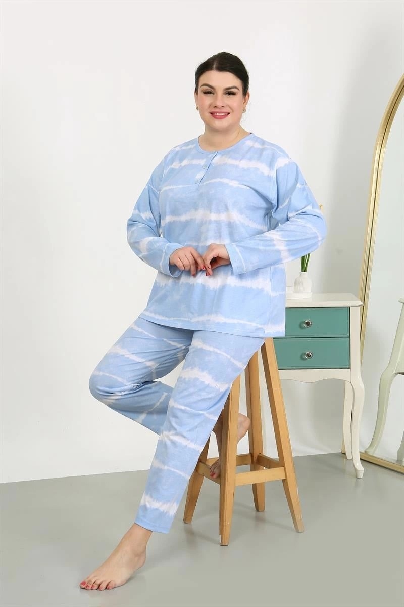 mery Kadın Büyük Beden Uzun Kol Penye Pijama Takımı Mavi Mery görsel 4