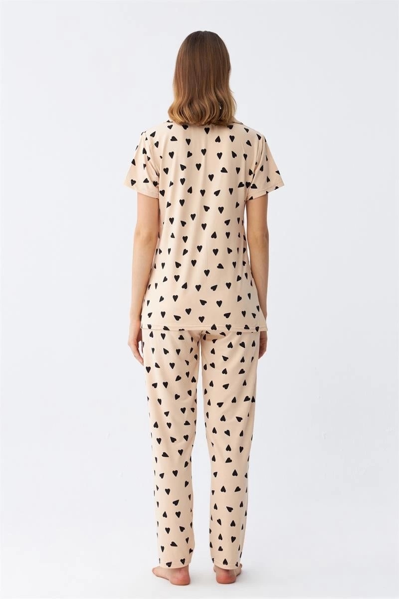 mery Kadın Krem Rengi Kalp Desenli Önden Düğmeli Pijama Takımı Mery görsel 5