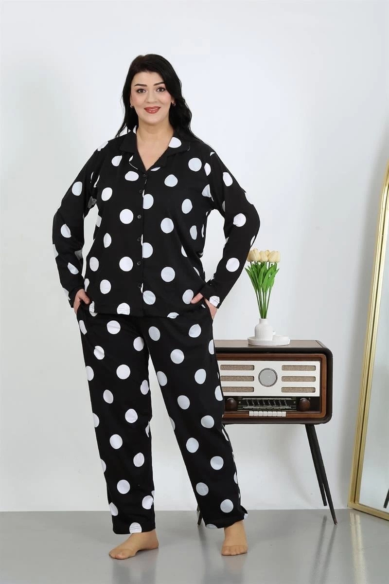 mery Kadın Büyük Beden Pamuklu Cepli Düğmeli Siyah Pijama Takım Mery