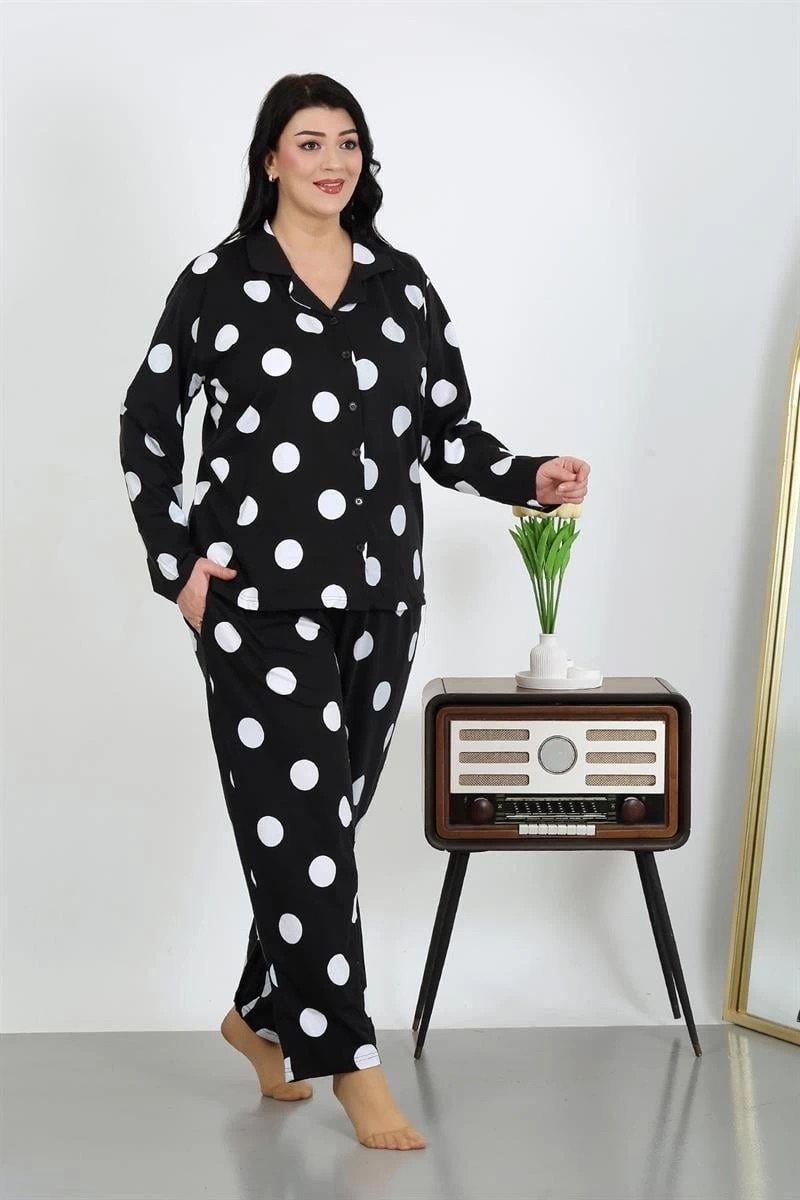 mery Kadın Büyük Beden Pamuklu Cepli Düğmeli Siyah Pijama Takım Mery görsel 2