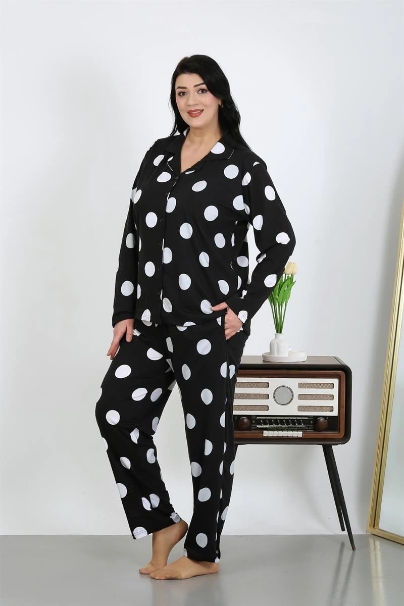 mery Kadın Büyük Beden Pamuklu Cepli Düğmeli Siyah Pijama Takım Mery görsel 3