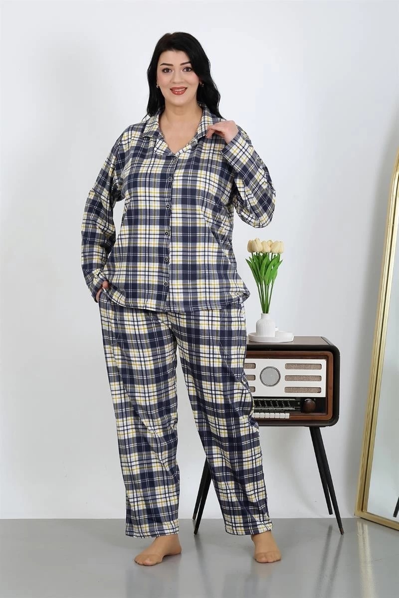 mery Kadın Büyük Beden Pamuklu Cepli Düğmeli Lacivert Pijama Takım Mery