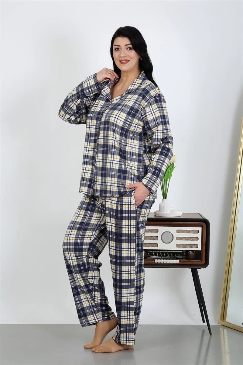 mery Kadın Büyük Beden Pamuklu Cepli Düğmeli Lacivert Pijama Takım Mery görsel 2