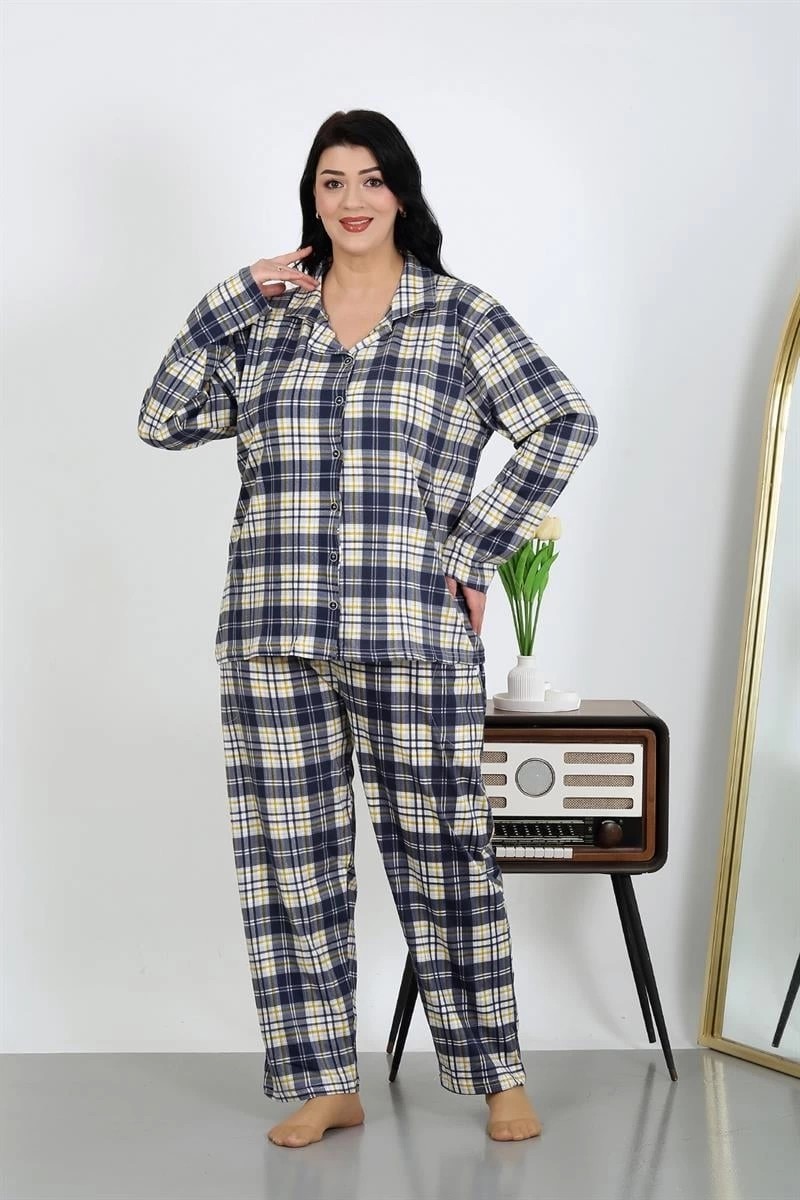 mery Kadın Büyük Beden Pamuklu Cepli Düğmeli Lacivert Pijama Takım Mery görsel 3