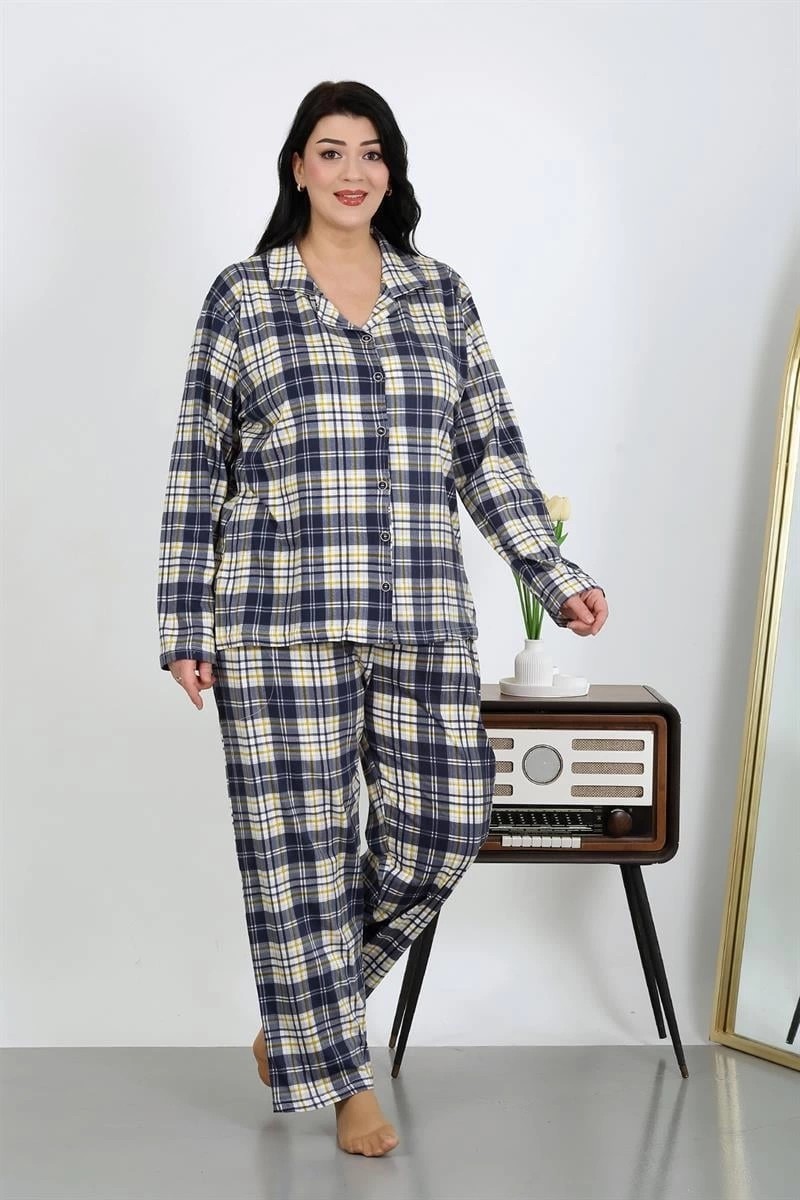 mery Kadın Büyük Beden Pamuklu Cepli Düğmeli Lacivert Pijama Takım Mery görsel 4