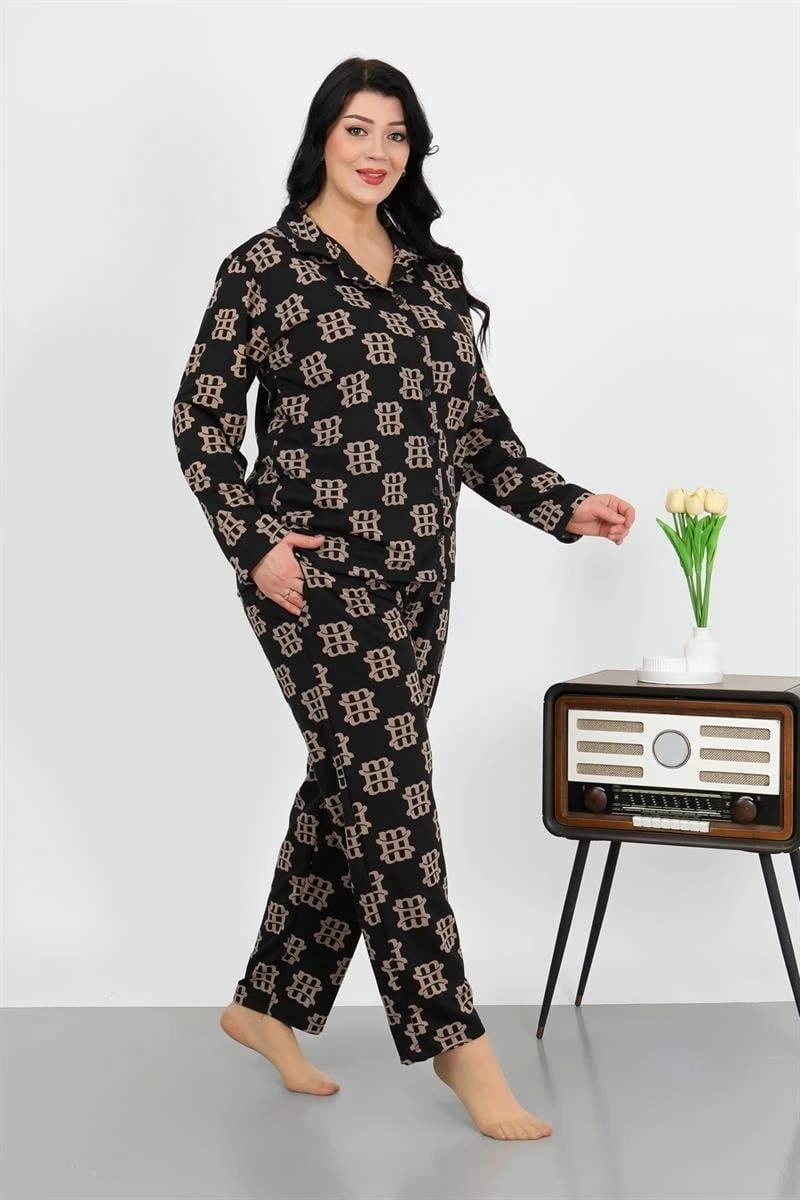 mery Kadın Büyük Beden Pamuklu Cepli Düğmeli Siyah Pijama Takım Mery