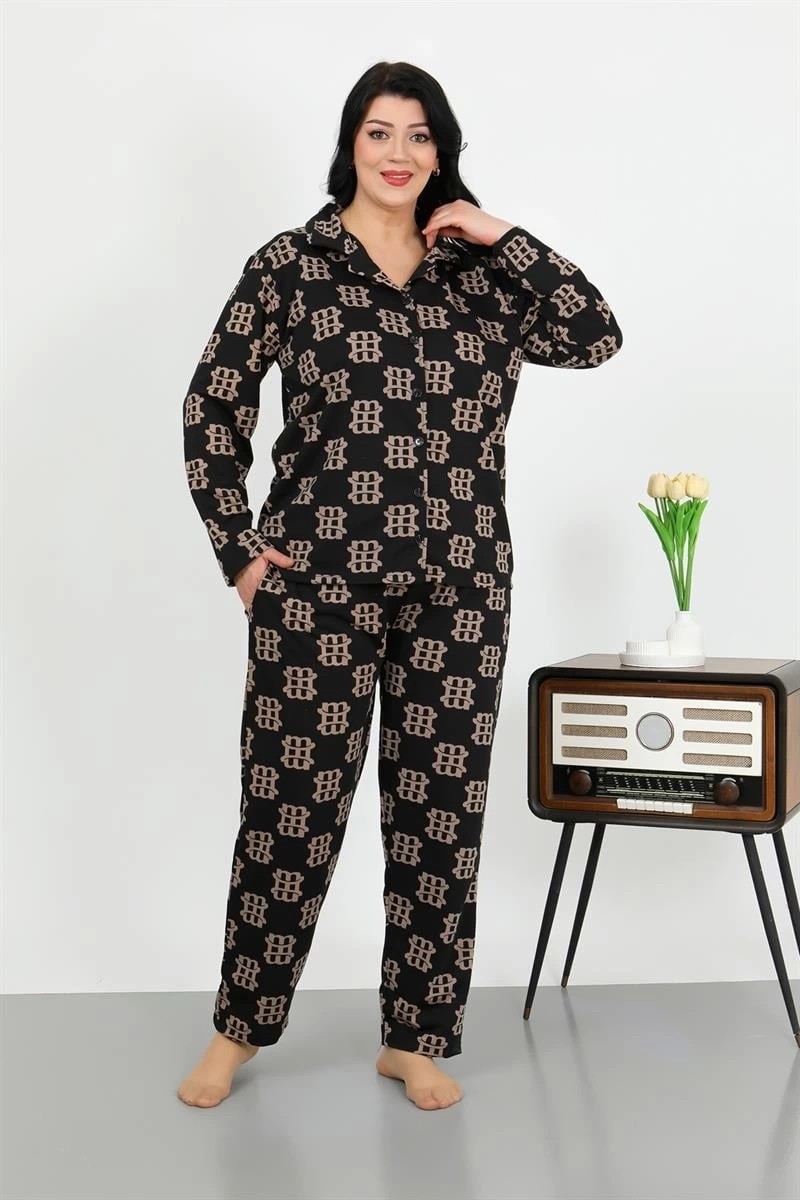 mery Kadın Büyük Beden Pamuklu Cepli Düğmeli Siyah Pijama Takım Mery görsel 2