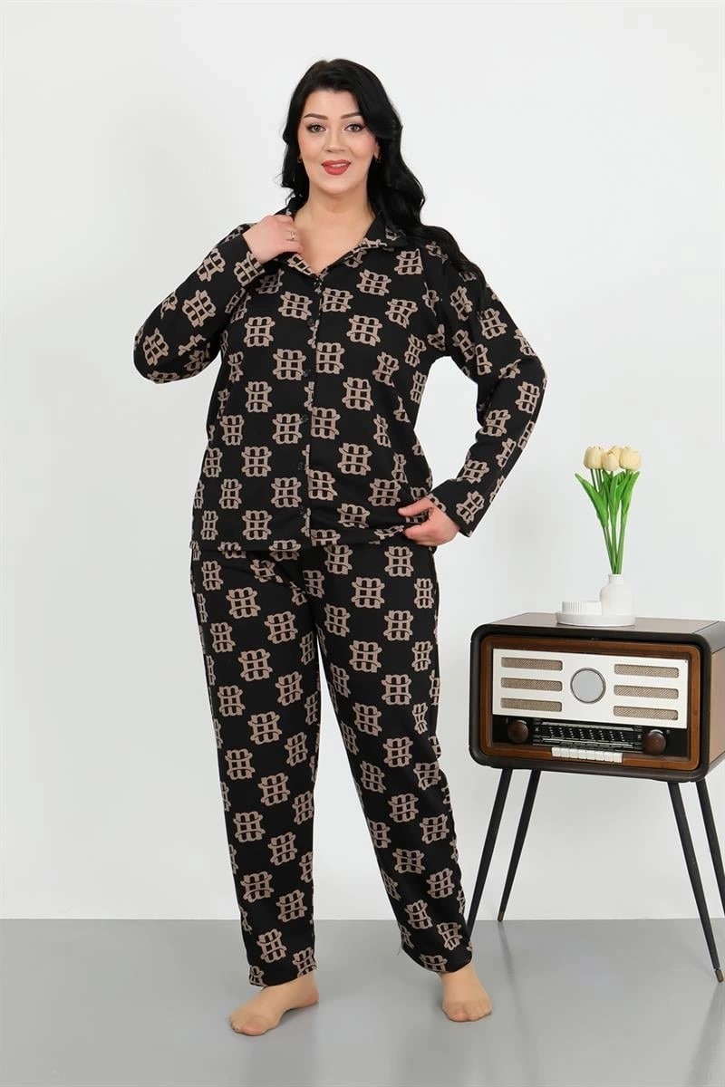 mery Kadın Büyük Beden Pamuklu Cepli Düğmeli Siyah Pijama Takım Mery görsel 3