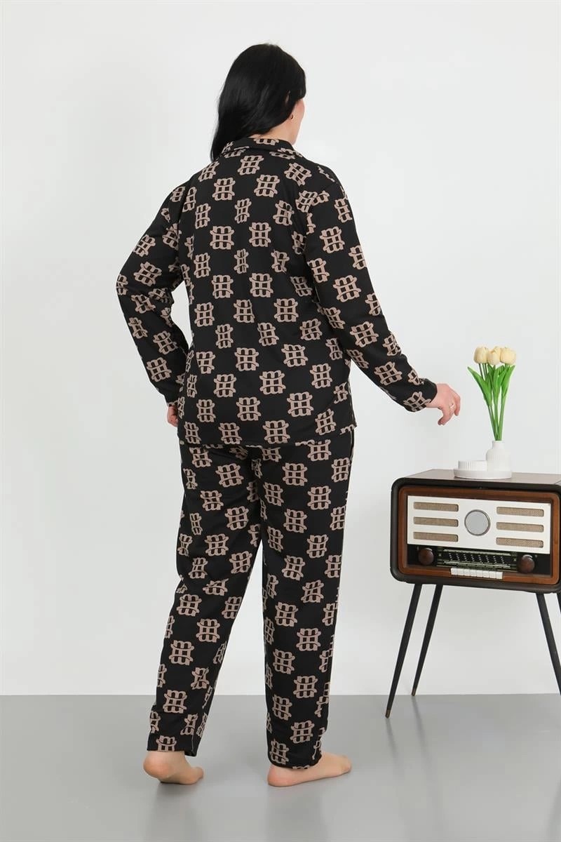 mery Kadın Büyük Beden Pamuklu Cepli Düğmeli Siyah Pijama Takım Mery görsel 4
