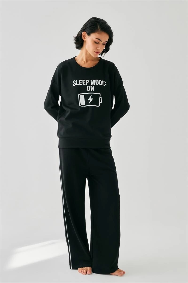 mery Kadın Siyah Sleep Mode On Oversize 2 Iplik Eşofman Ev Giyim Takımı Mery görsel 3
