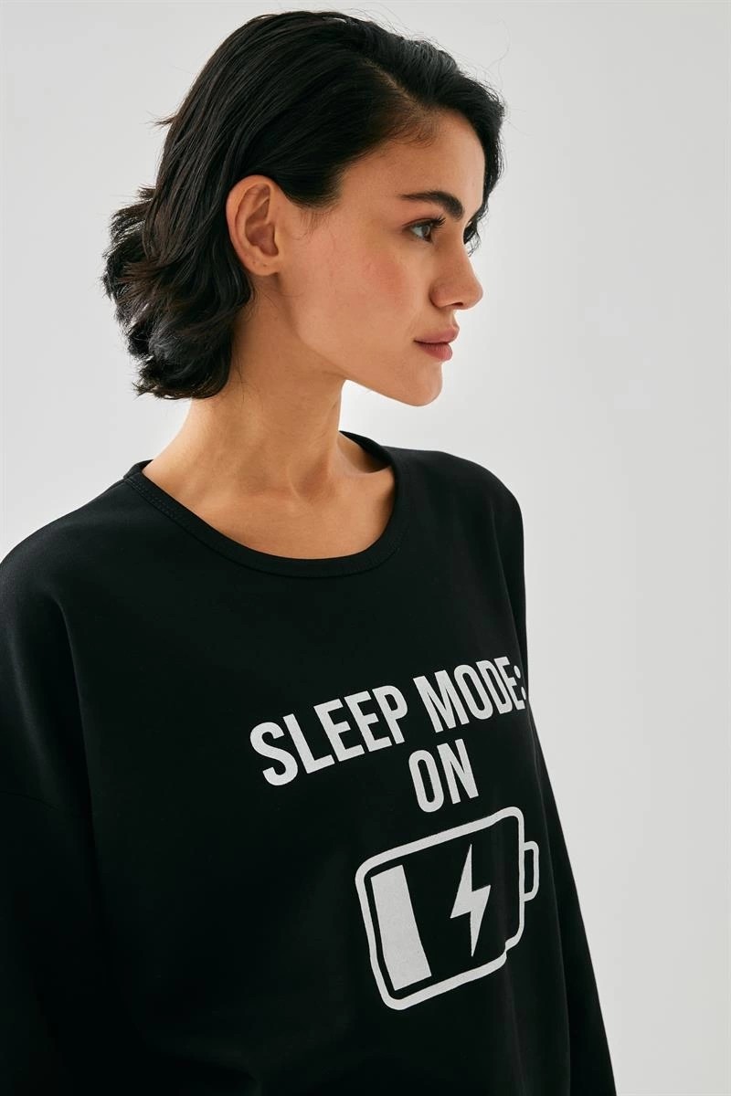 mery Kadın Siyah Sleep Mode On Oversize 2 Iplik Eşofman Ev Giyim Takımı Mery görsel 5