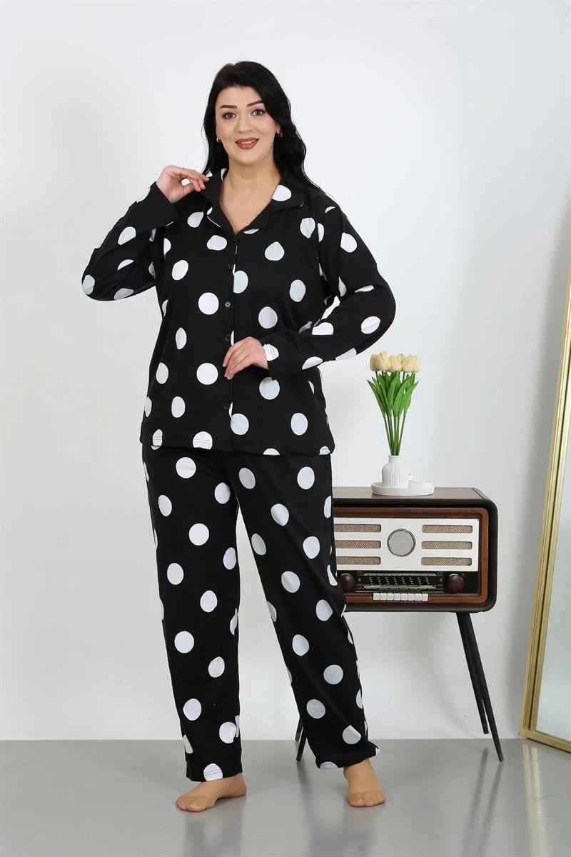 mery Kadın Büyük Beden Pamuklu Cepli Düğmeli Siyah Pijama Takım Mery görsel 4