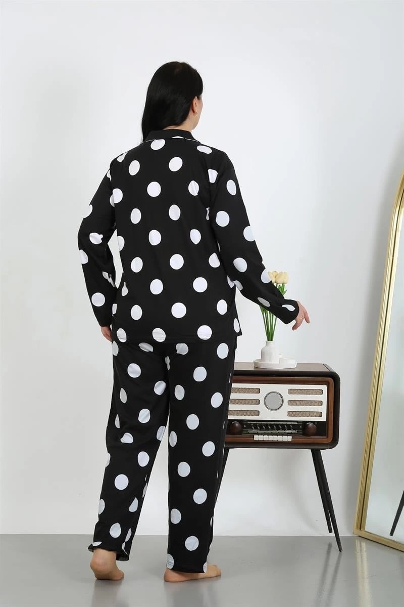 mery Kadın Büyük Beden Pamuklu Cepli Düğmeli Siyah Pijama Takım Mery görsel 5