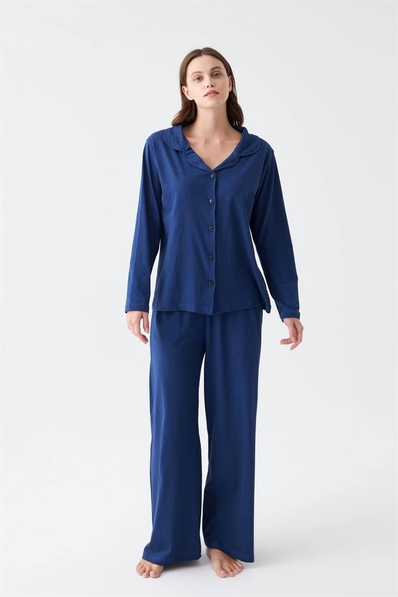 mery Kadın Lacivert Düğmeli Yaka Detaylı Pamuklu Pijama Takımı Mery görsel 3