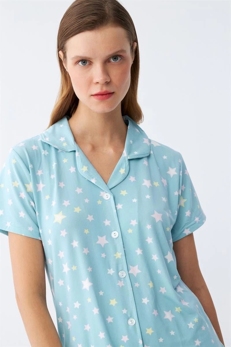 mery Kadın Buz Mavisi Yıldız Desenli Önden Düğmeli Pijama Takımı Mery görsel 3