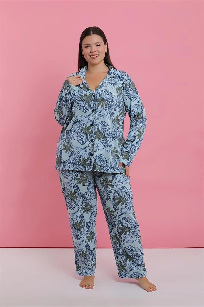mery Kadın Büyük Beden Mavi Tropikal Desenli Düğmeli Pijama Takımı Mery
