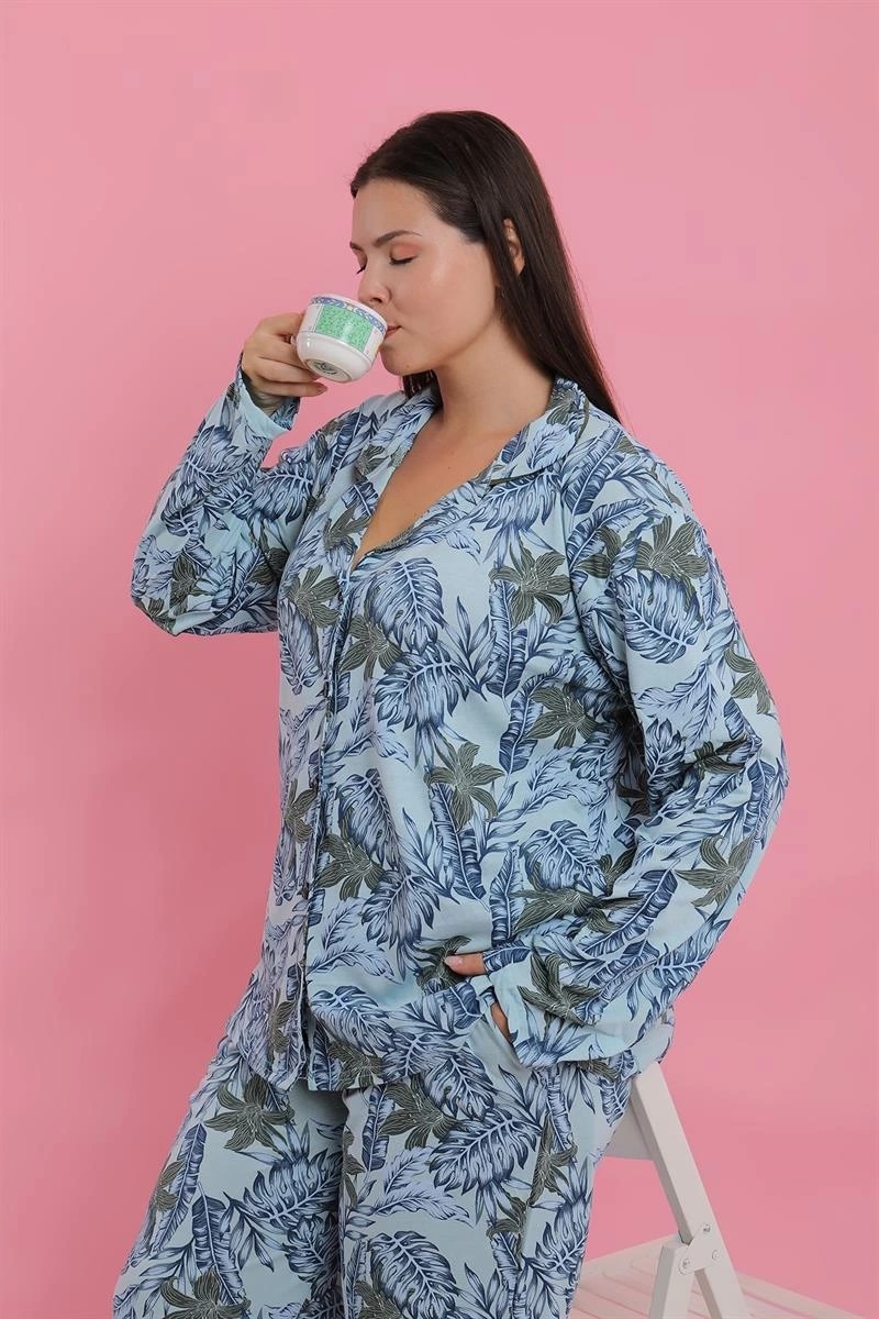 mery Kadın Büyük Beden Mavi Tropikal Desenli Düğmeli Pijama Takımı Mery görsel 2