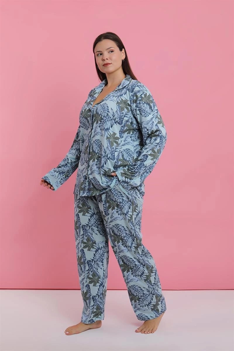 mery Kadın Büyük Beden Mavi Tropikal Desenli Düğmeli Pijama Takımı Mery görsel 3