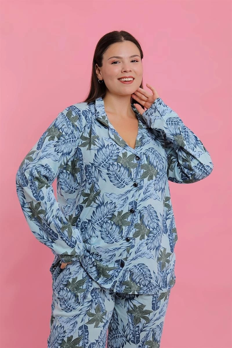 mery Kadın Büyük Beden Mavi Tropikal Desenli Düğmeli Pijama Takımı Mery görsel 4