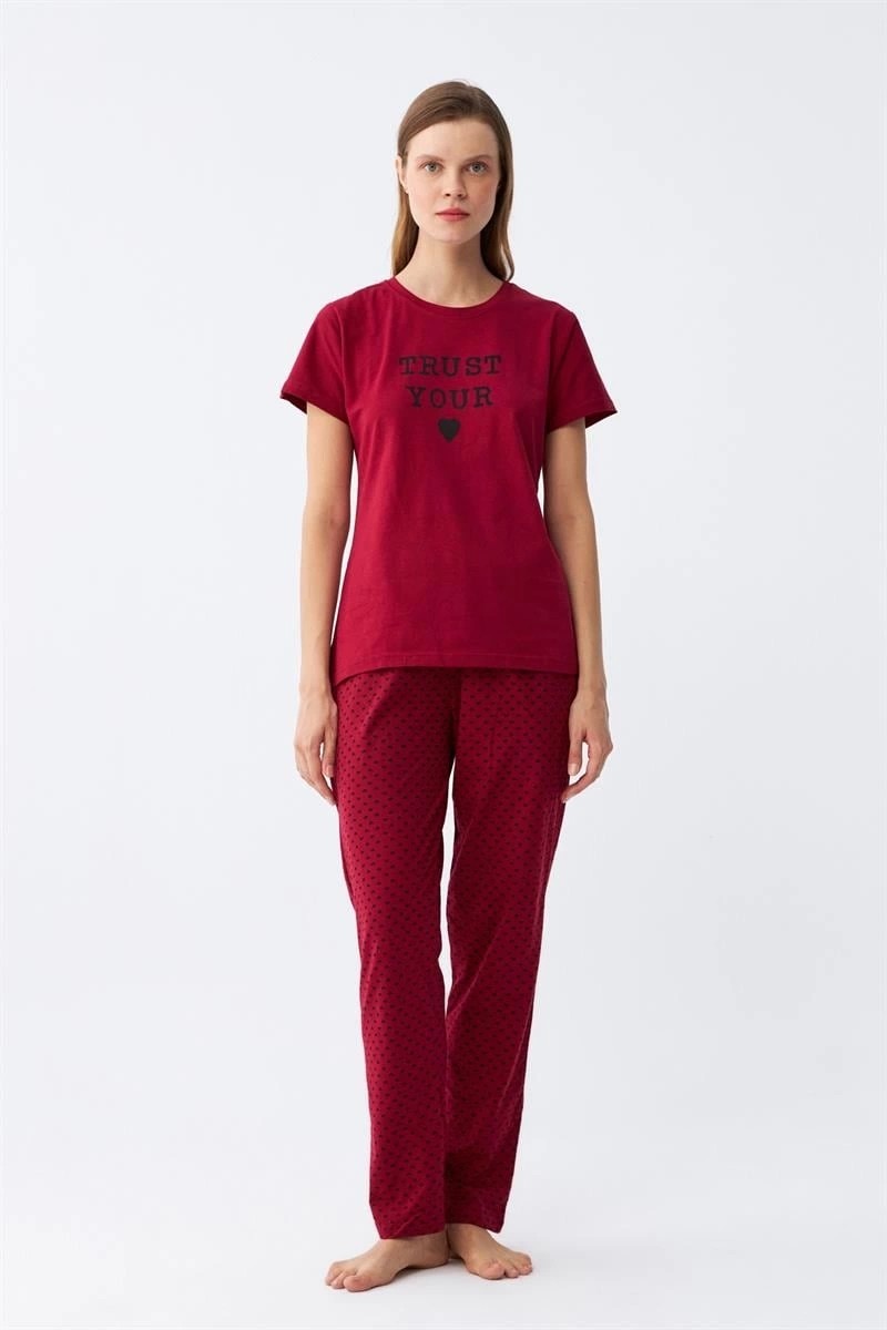 mery Kadın Bordo Kalp Desenli Kısa Kollu Penye Pijama Takımı Mery görsel 4