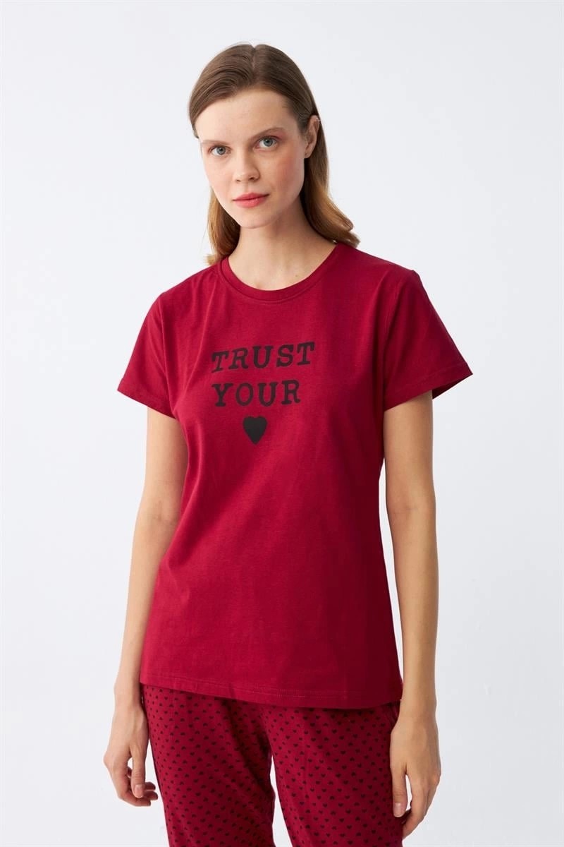 mery Kadın Bordo Kalp Desenli Kısa Kollu Penye Pijama Takımı Mery görsel 5