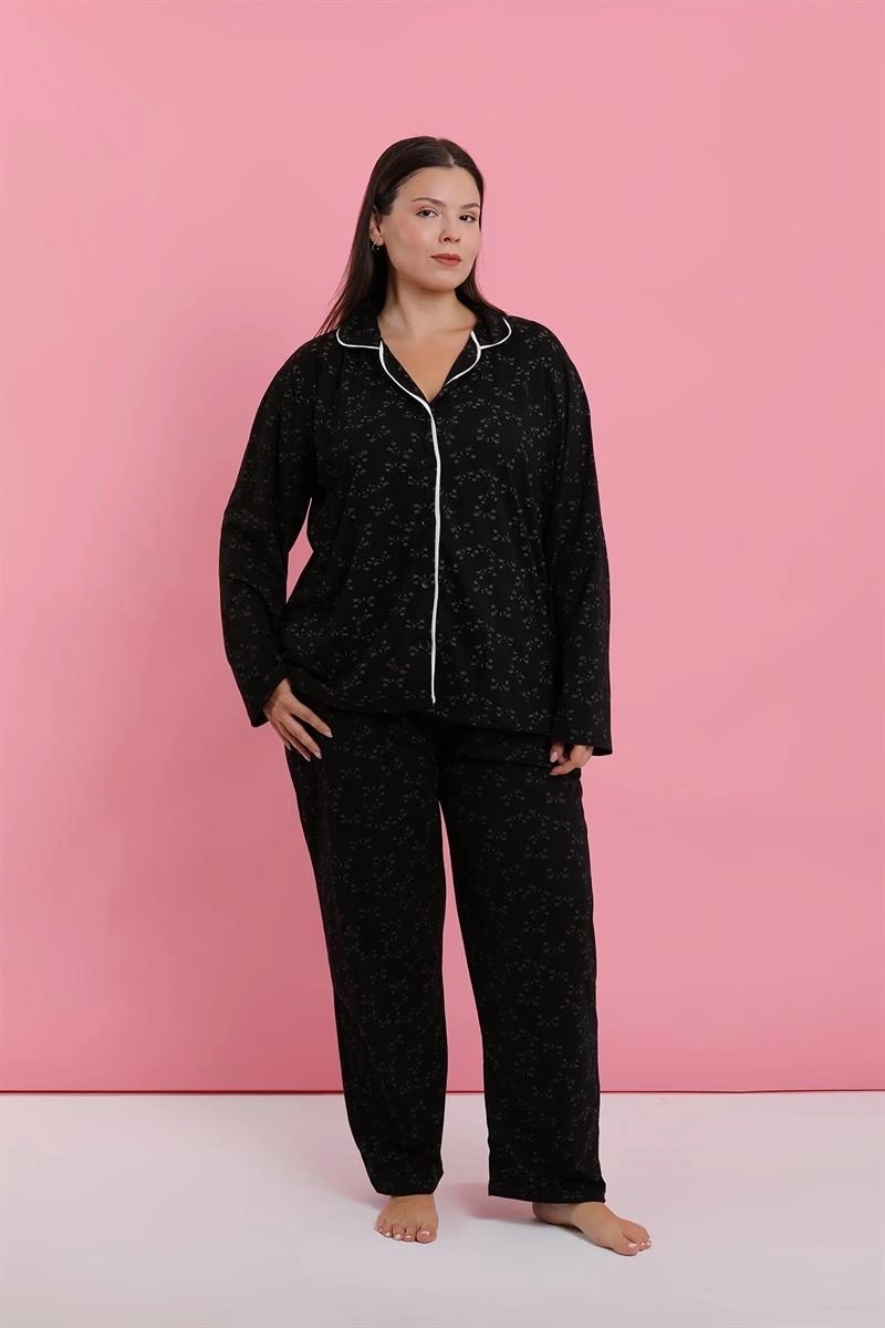 mery Kadın Büyük Beden Siyah Kırmızı Çiçekli Düğmeli Pijama Takımı Mery