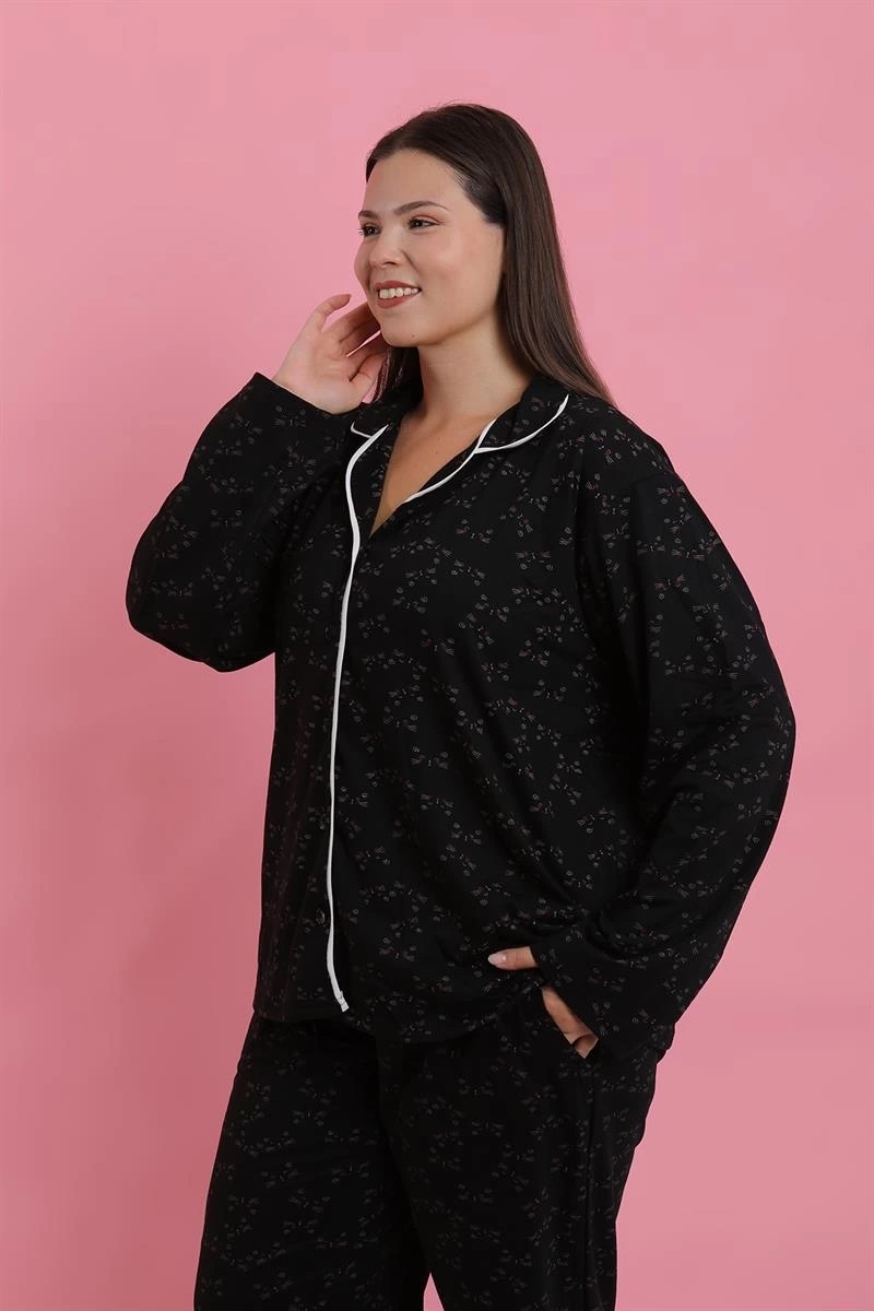 mery Kadın Büyük Beden Siyah Kırmızı Çiçekli Düğmeli Pijama Takımı Mery görsel 2