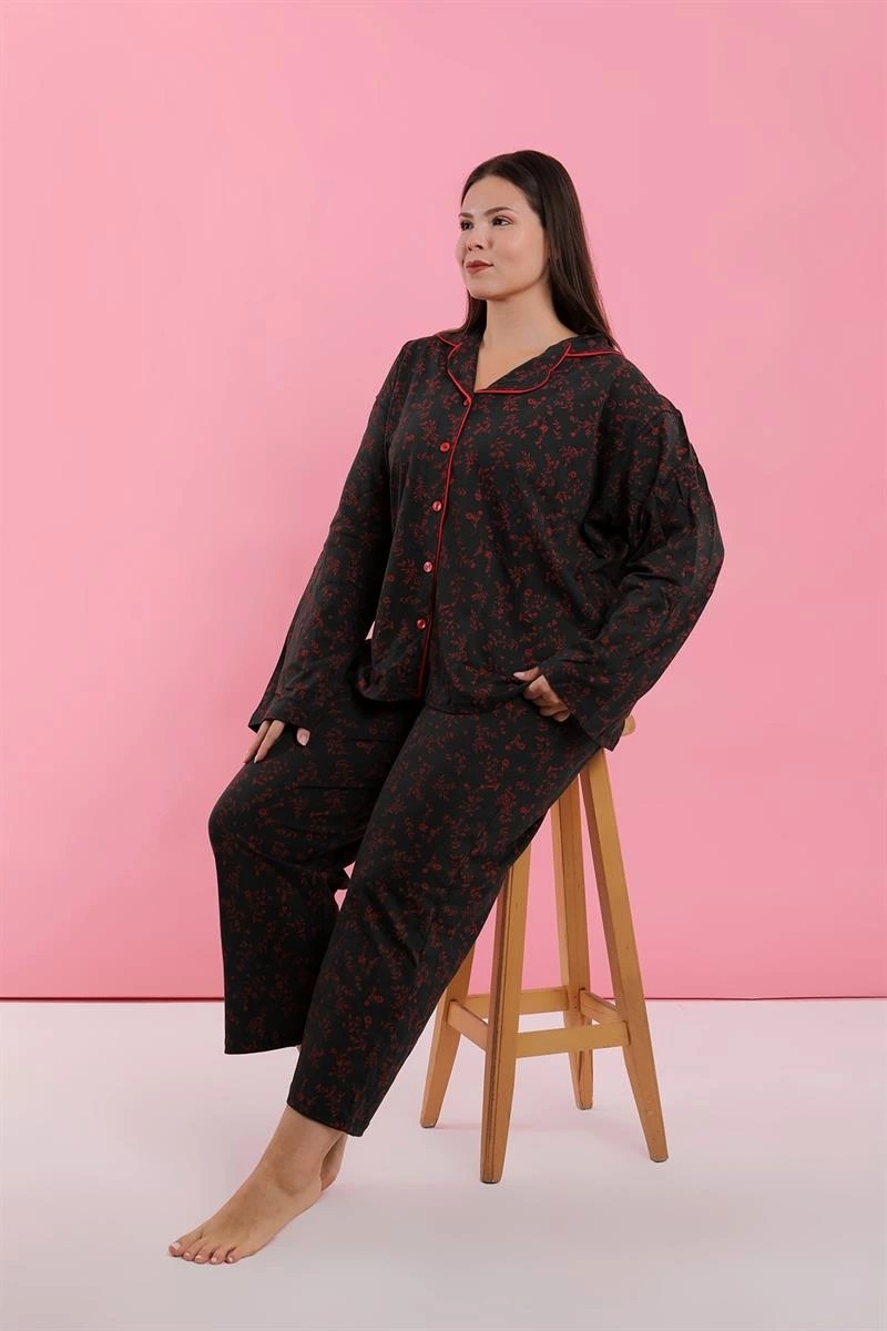 mery Kadın Büyük Beden Siyah Kırmızı Çiçekli Düğmeli Pijama Takımı Mery görsel 3