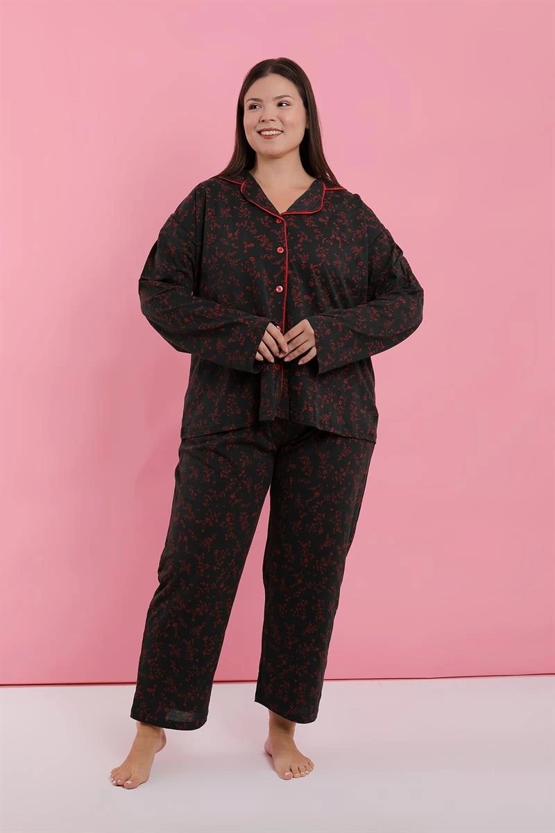 mery Kadın Büyük Beden Siyah Kırmızı Çiçekli Düğmeli Pijama Takımı Mery görsel 4