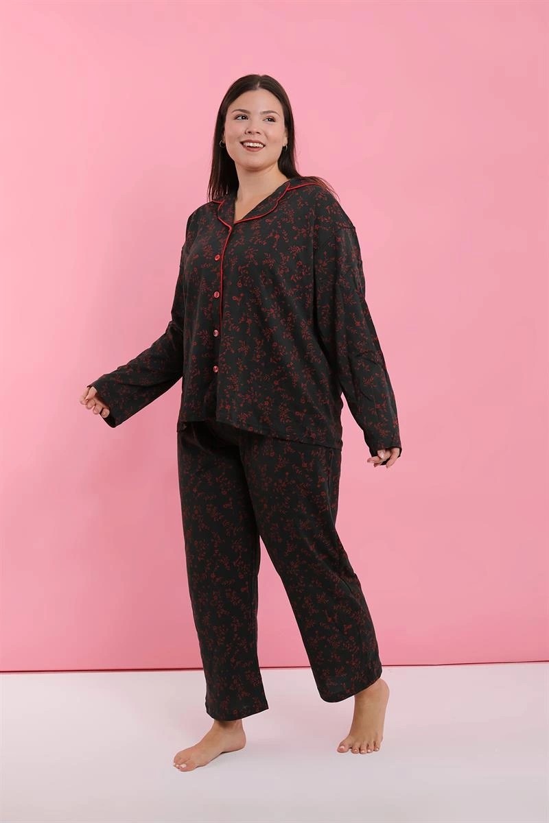mery Kadın Büyük Beden Siyah Kırmızı Çiçekli Düğmeli Pijama Takımı Mery görsel 5