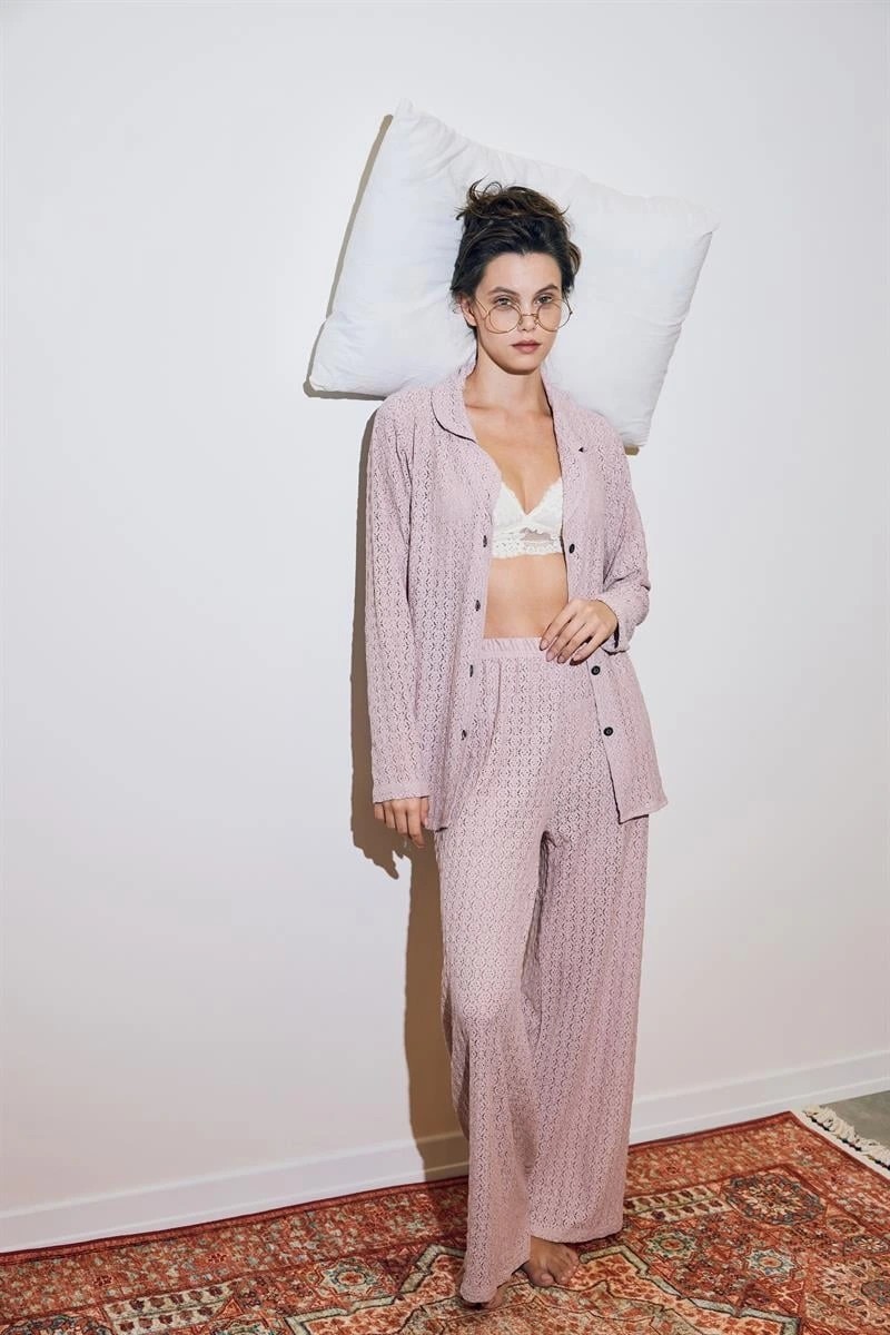 mery Kadın Pembe Önden Düğmeli Rahat Kesim Pijama Takımı, Günlük Ev Giyim Seti Mery görsel 3