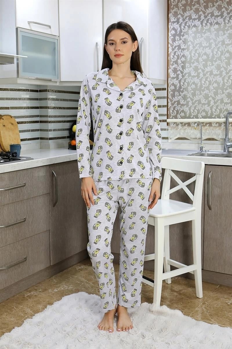 mery Kadın Pamuk Penye Önden Düğmeli Uzun Kol Pijama Takım Gri Mery