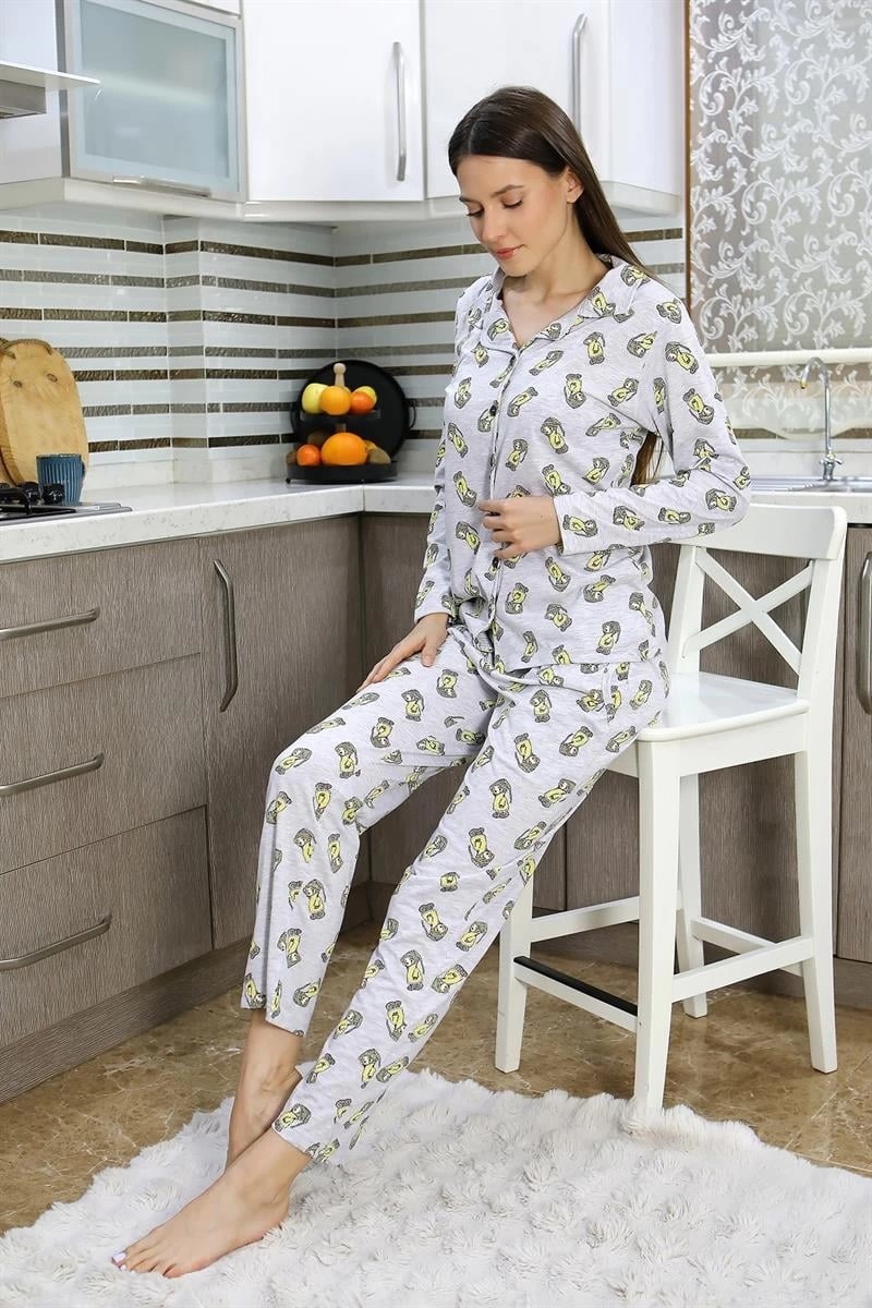 mery Kadın Pamuk Penye Önden Düğmeli Uzun Kol Pijama Takım Gri Mery görsel 2