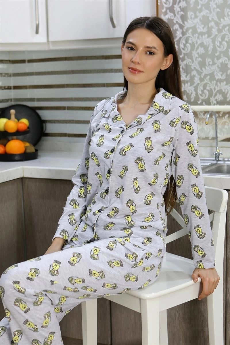 mery Kadın Pamuk Penye Önden Düğmeli Uzun Kol Pijama Takım Gri Mery görsel 3
