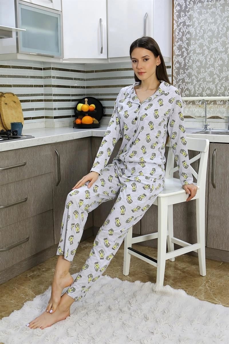 mery Kadın Pamuk Penye Önden Düğmeli Uzun Kol Pijama Takım Gri Mery görsel 4
