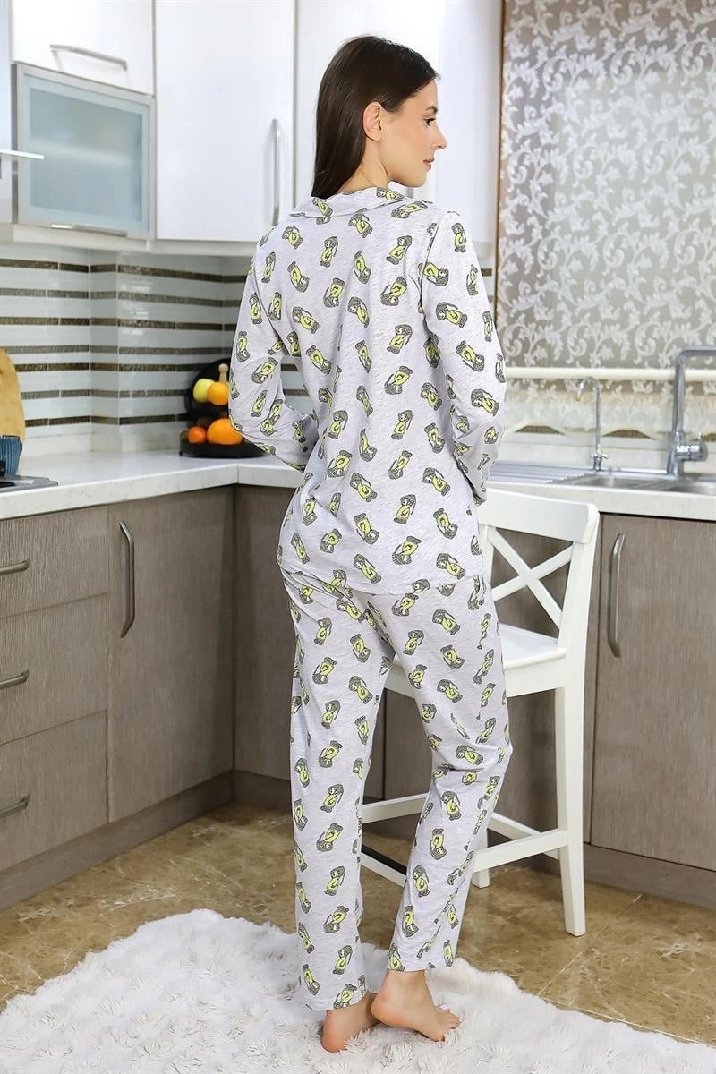 mery Kadın Pamuk Penye Önden Düğmeli Uzun Kol Pijama Takım Gri Mery görsel 5