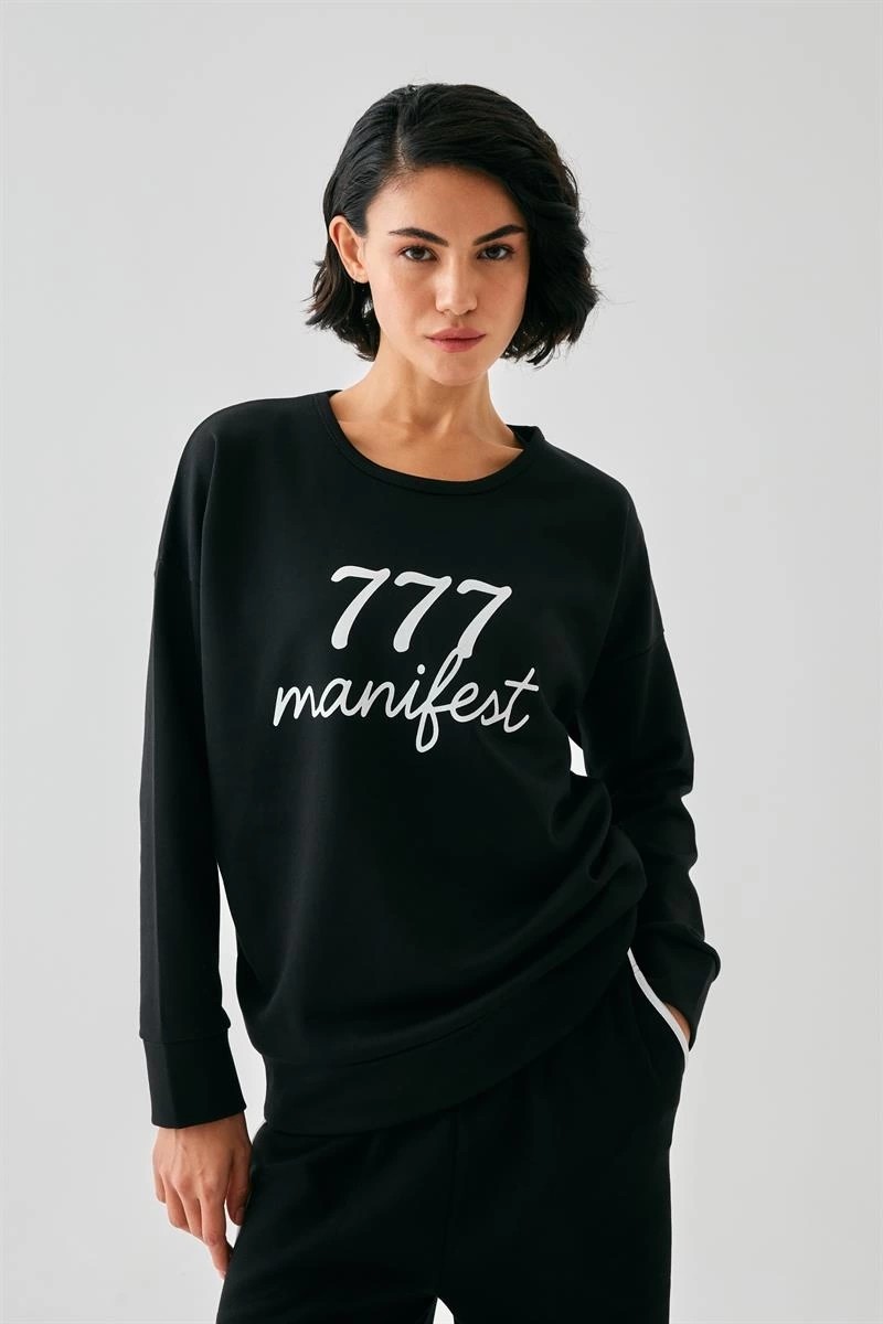 mery Kadın Siyah Manifest Oversize 2 Iplik Eşofman Ev Giyim Takımı Mery görsel 3