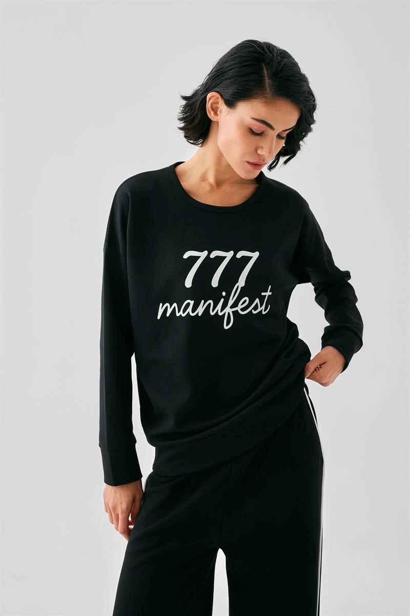 mery Kadın Siyah Manifest Oversize 2 Iplik Eşofman Ev Giyim Takımı Mery görsel 4
