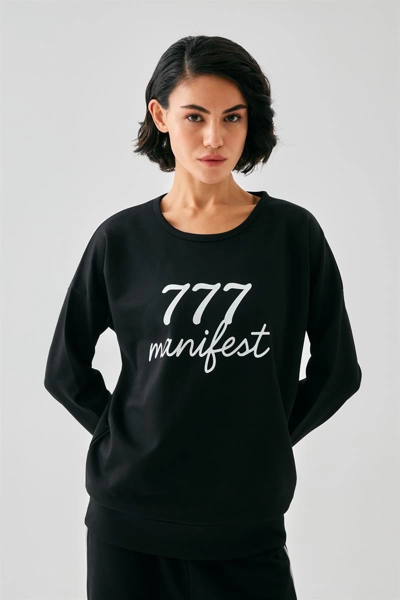 mery Kadın Siyah Manifest Oversize 2 Iplik Eşofman Ev Giyim Takımı Mery görsel 5