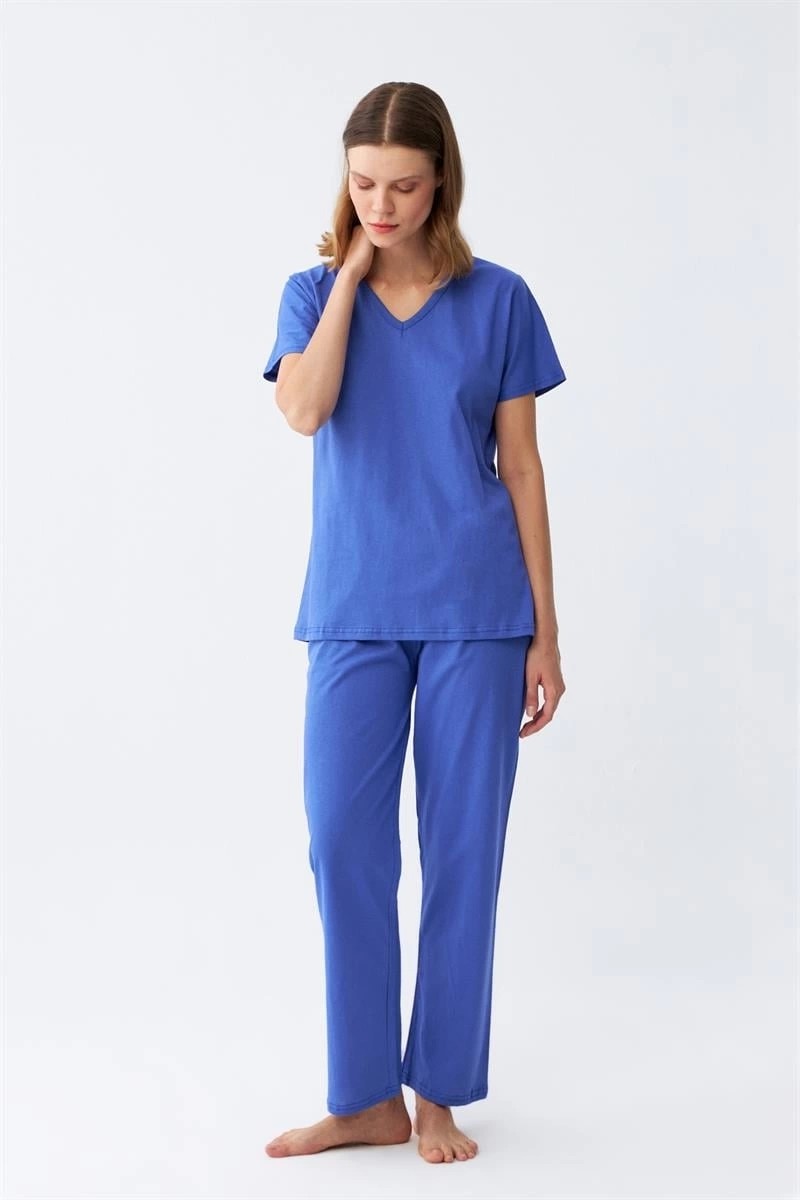 mery Kadın Kısa Kol Pamuk Penye Pijama Takım Saks Mery