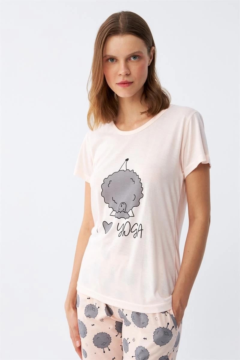mery Kadın Kısa Kol Pijama Takım Pudra Mery görsel 3