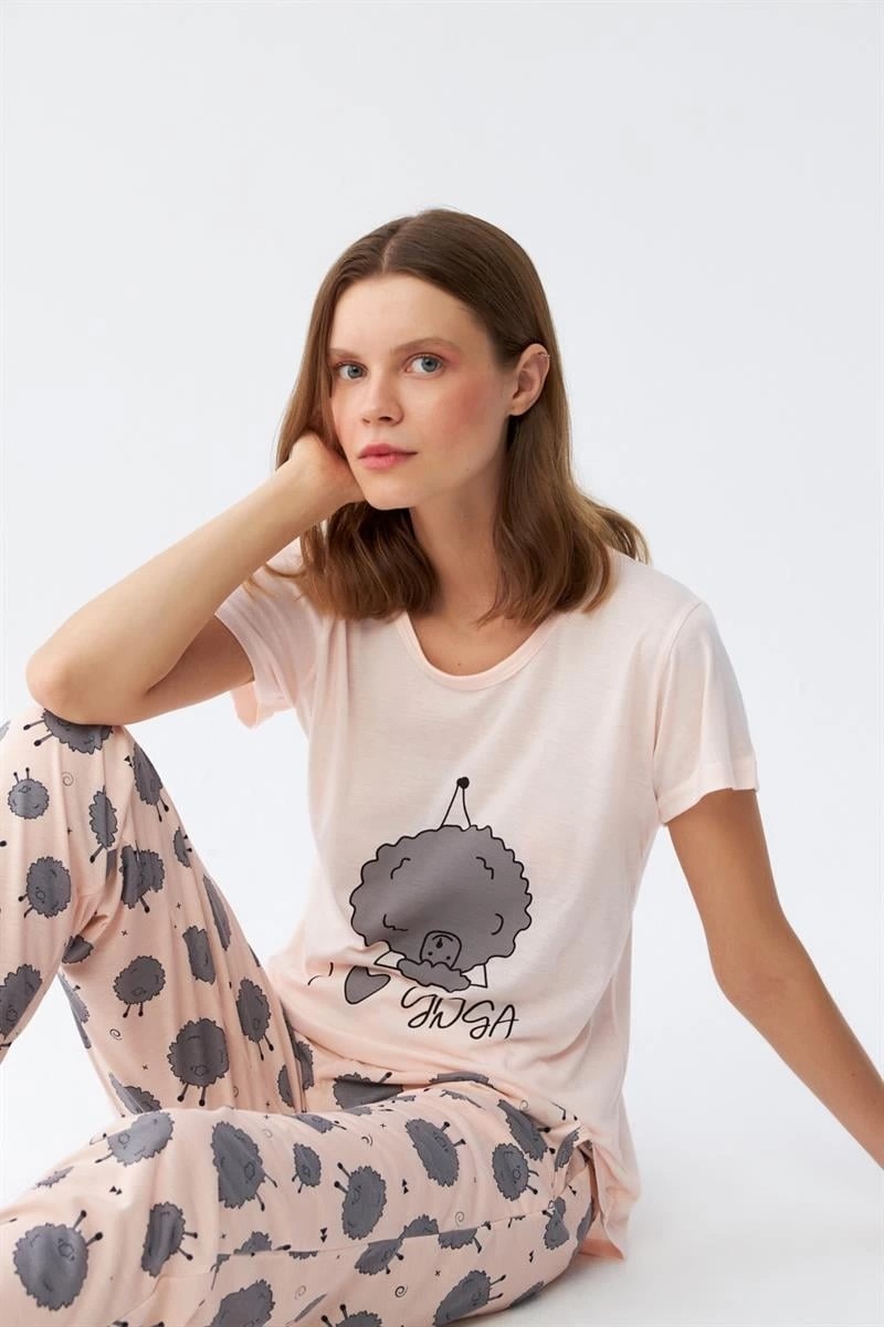 mery Kadın Kısa Kol Pijama Takım Pudra Mery görsel 4