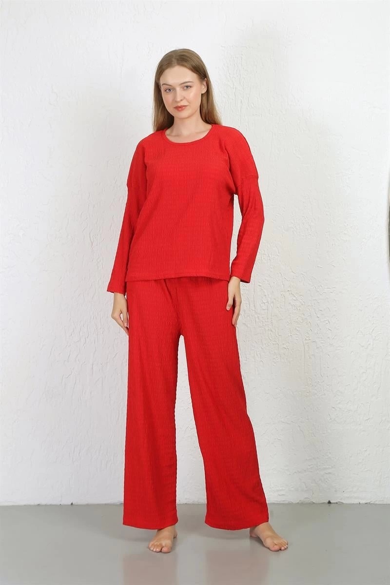 mery Kadın Bürümcük Kumaş Pijama Takım Kırmızı Mery