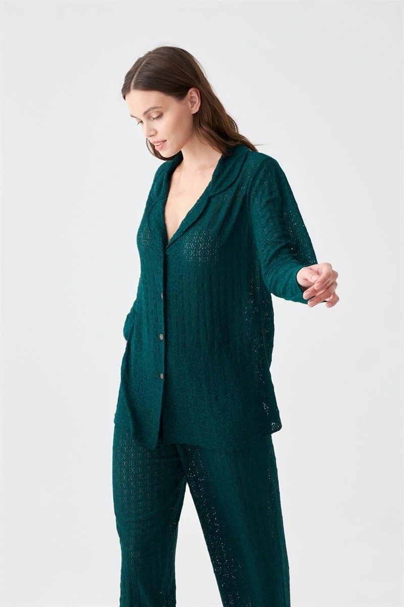 mery Kadın Zümrüt Yeşili Önden Düğmeli Rahat Kesim Pijama Takımı Mery görsel 3