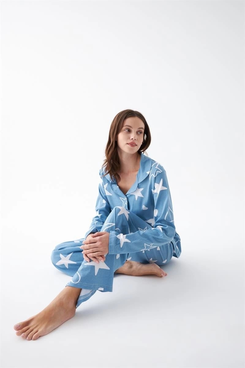 mery Kadın Mavi Yıldız Desenli Düğmeli Pamuklu Pijama Takımı Mery görsel 4
