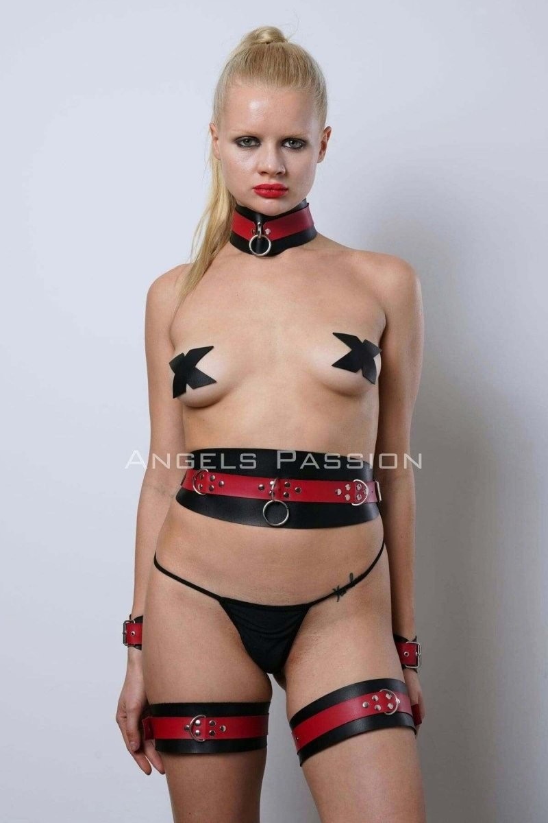 Çamaşır Kenti Slave Harness Set, Deri Kelepçeli Harness Takım, Choker Detaylı Fantazi Harness - BRF1263 görsel 2
