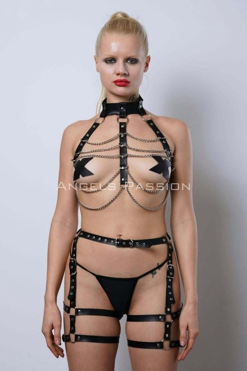 Çamaşır Kenti Zincir Detaylı Deri Jartiyer Harness Takım, Deri Zincirli Fantezi Takım - BRF1262 görsel 8