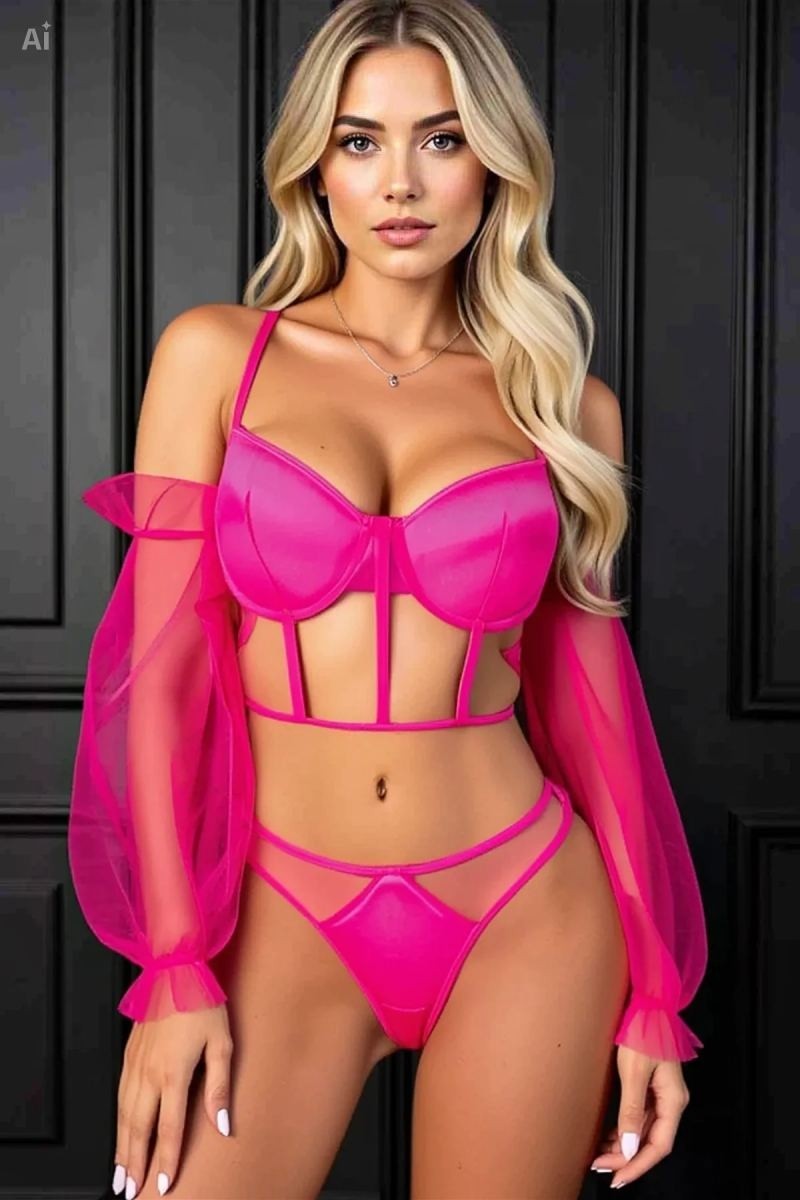 Beruflic Pembe Kolları Tül Detaylı Jartiyer Takım Kadın Iç Giyim Under Moda