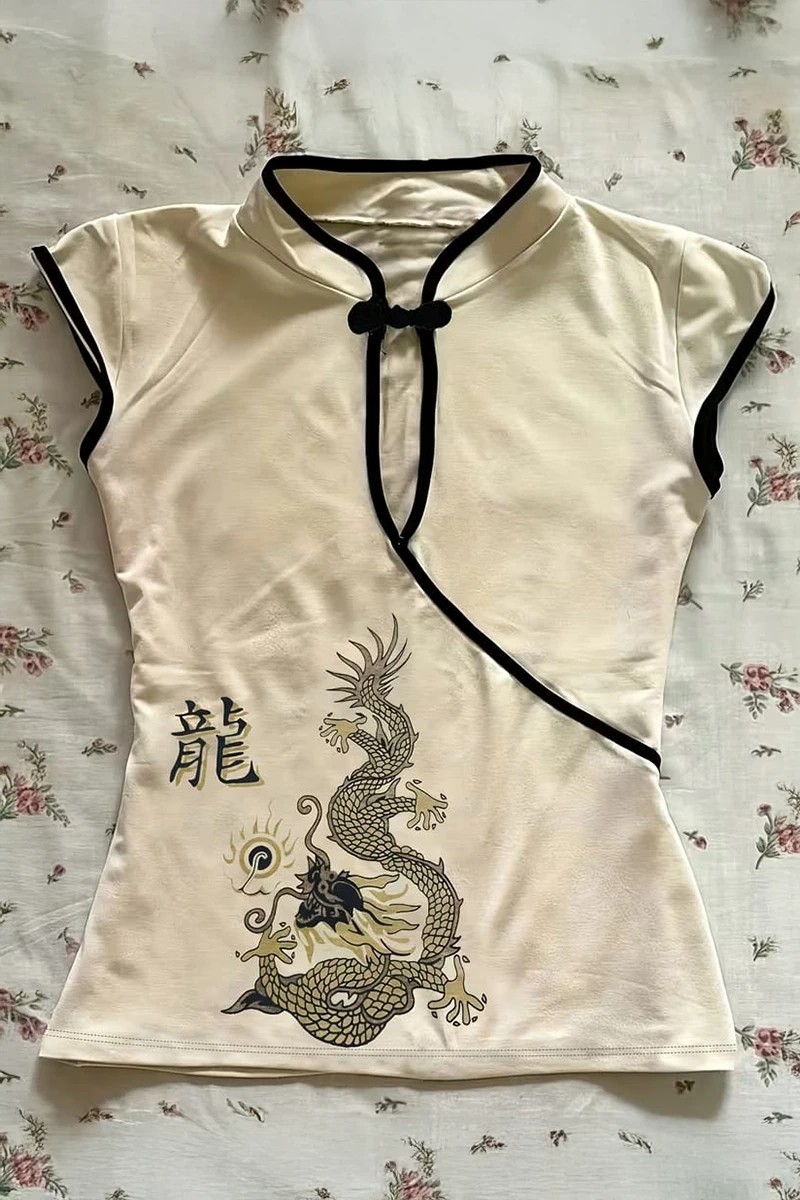 Moonstyle Collection Ekru Mandarin Yaka Ejderha Motifli Vintage Qipao Y2K Kısa Kollu Crop
